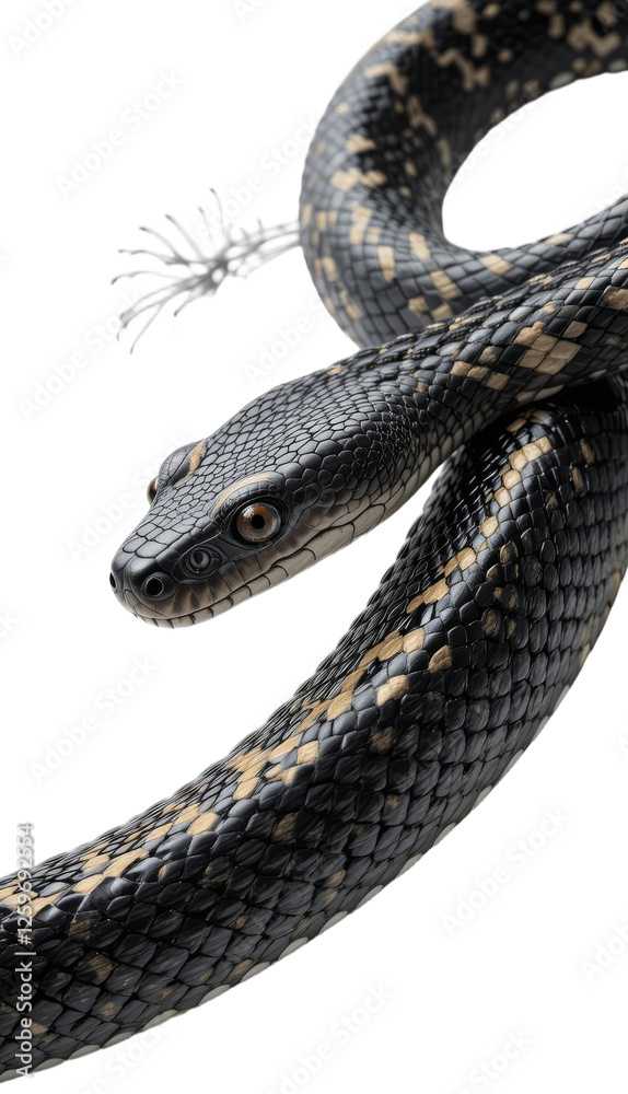 Fototapeta premium Black and Tan Snake Close-Up Study, transparent background png