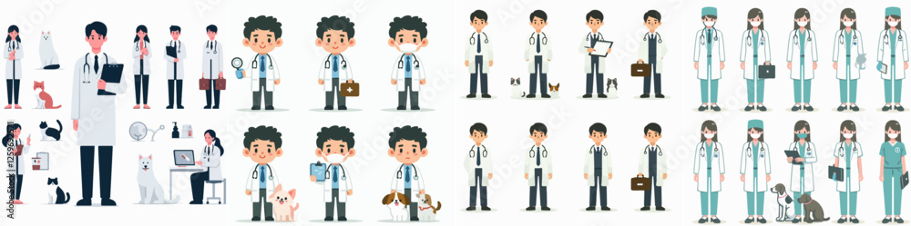 Vector set of a person veterinarian standing full body with a simple and minimalist flat design style Vector set of a person veterinarian standing full body with a simple and minimalist flat design style