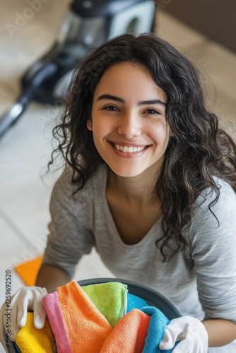 Wallpaper Mural Happy woman cleaning home with colorful microfiber cloths, showing effective cleaning techniques and strategies for a spotless living space. Torontodigital.ca