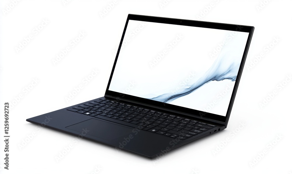 Sleek black laptop, white background, waves on screen, modern technology Sleek black laptop, white background, waves on screen, modern technology