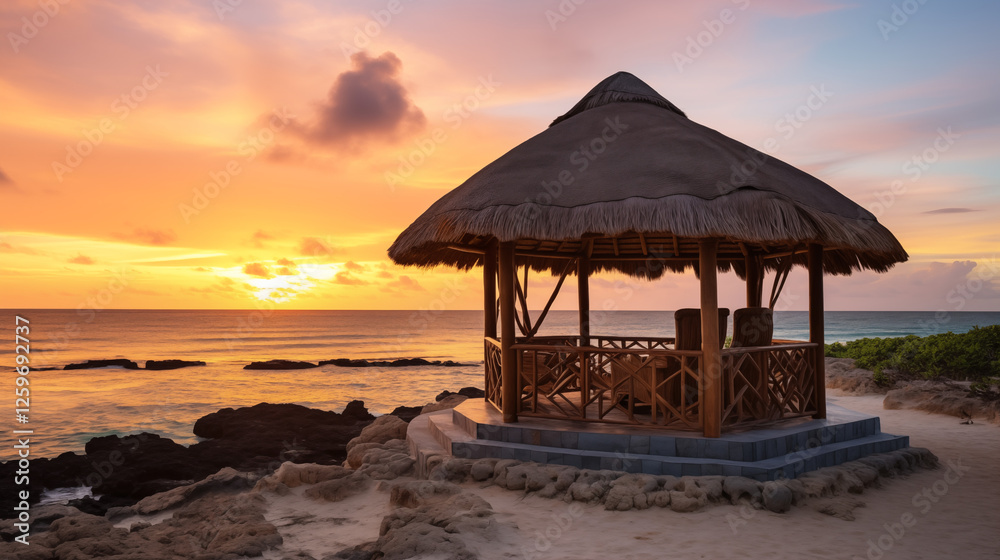 A thatched-roof gazebo on the beach, featuring chairs and a table, creating a picturesque sunset setting in a tropical paradise. A thatched-roof gazebo on the beach, featuring chairs and a table, creating a picturesque sunset setting in a tropical paradise.