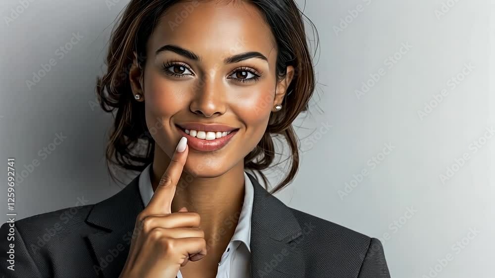 Confident Businesswoman with Shh Gesture in Professional Attire Confident Businesswoman with Shh Gesture in Professional Attire