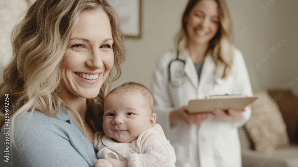 Mother Holding Baby with Pediatrician in Background at Home Visit, Newborn Care and Womens Health Focused on Family and Parenthood Mother Holding Baby with Pediatrician in Background at Home Visit, Newborn Care and Womens Health Focused on Family and Parenthood