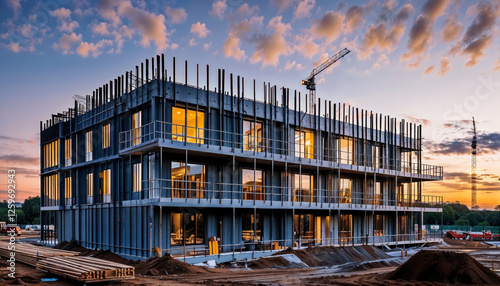 Modern Urban Building Under Construction at Sunset with Crane Machinery