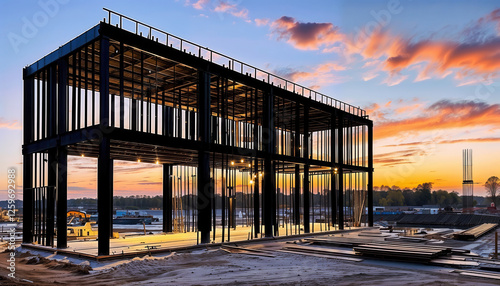 Modern Urban Building Under Construction at Sunset with Crane Machinery