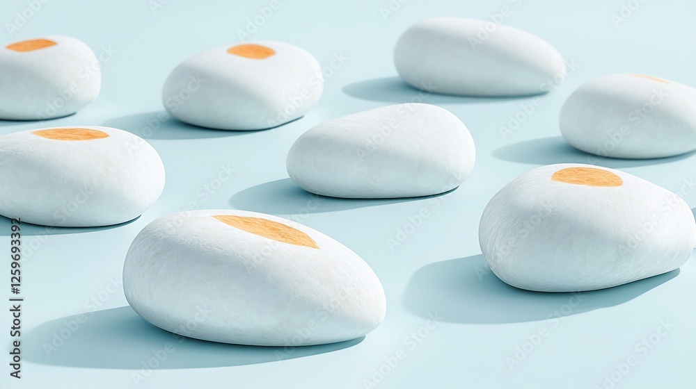 Soft light illuminates smooth pale blue stones each subtly marked gold. AI Generated Soft light illuminates smooth pale blue stones each subtly marked gold. AI Generated