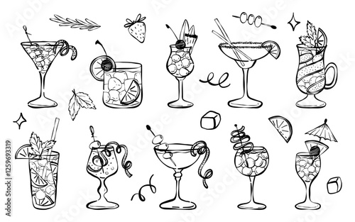 Alcohol drinks set. Hand drawn sketch set of tropical cocktails. Cocktails and drinks vector black icons. Drink cocktail alcohol and cocktail with straw and fruit illustration