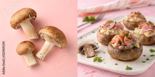 Whole cremini mushrooms and stuffed mushrooms with creamy cheese and ham