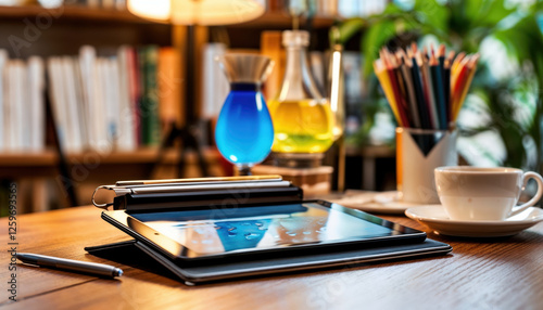 Tablet Displaying Reflection Adjacent to Vintage Books on Wooden Desk