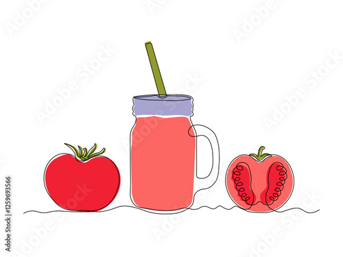 jar with a straw for cocktails, smoothies with tomato, continuous single one line art hand drawing sketch logo