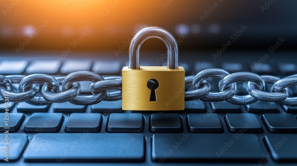 Padlock Secured to Metal Chain on a Laptop Keyboard Illustrating Digital Security Concepts Padlock Secured to Metal Chain on a Laptop Keyboard Illustrating Digital Security Concepts