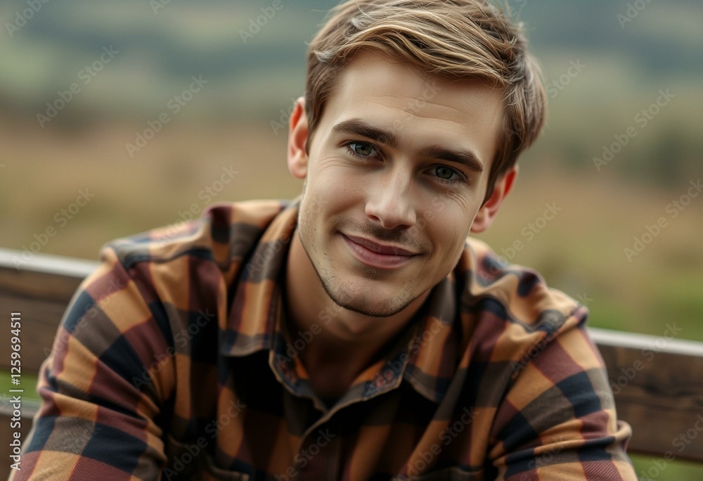 Serene natural portrait of a casual male in flannel shirt Serene natural portrait of a casual male in flannel shirt