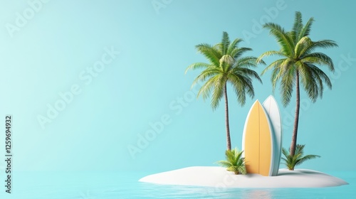 Tropical Paradise with Surfboards on a Tiny Island