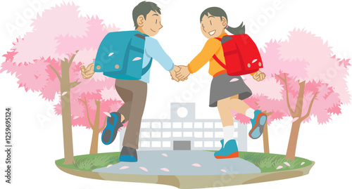 桜並木を登校する小学生の子どもたち