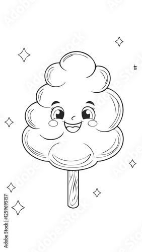 Cotton Candy Food Eatery Meal Coloring Kid Book Page in Black and White. Monochrome and Colored Samples
