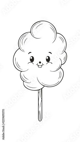 Cotton Candy Food Eatery Meal Coloring Kid Book Page in Black and White. Monochrome and Colored Samples
