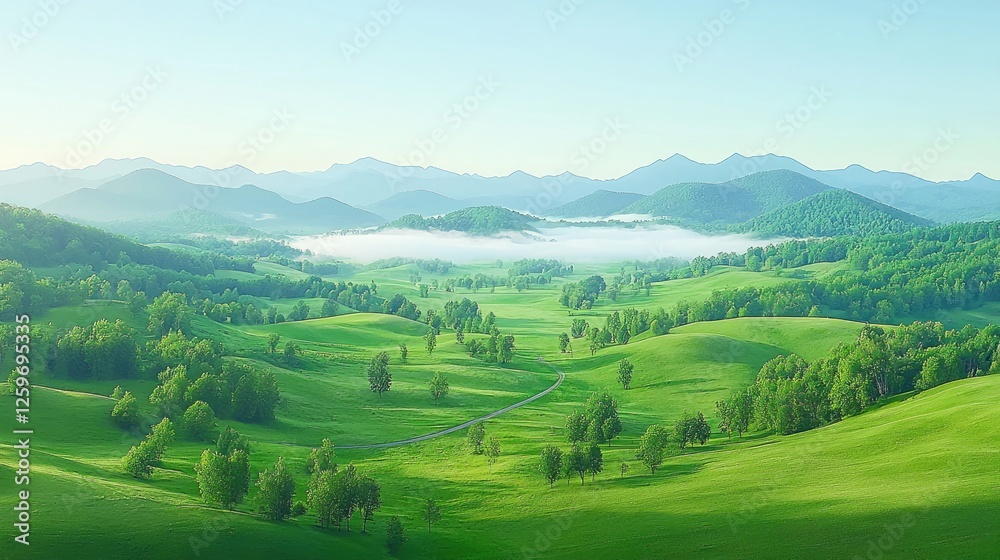 Obraz premium Serene morning mist over rolling green hills and mountains