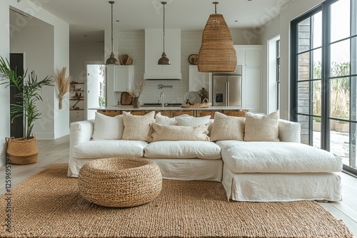 Modern beach house interior with whitewashed wood floors coastal design open layout harmonious environment stylish viewpoint photo