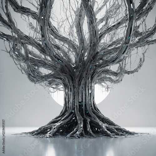 A futuristic biome where a tree with metallic roots absorbs energy from a glowing cyber-river, set on a white background.