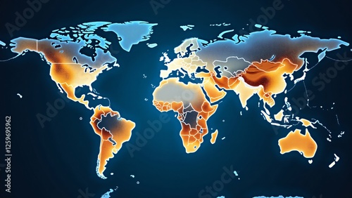 A digital map shows global water scarcity, creating a global and urgent atmosphere. The scene celebrates technology that helps address water scarcity and highlights the importance of global cooperatio