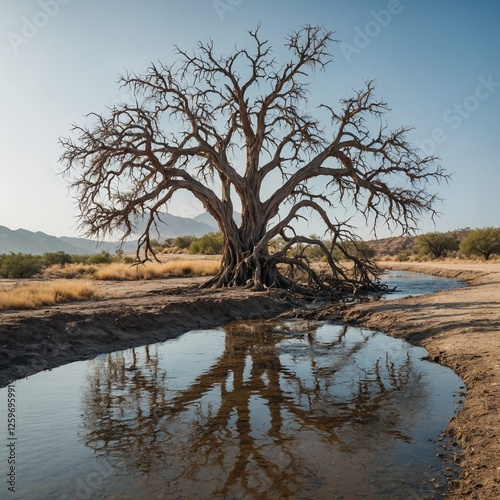 A majestic tree thriving in a drought-stricken land, its roots reaching into the last flowing river, with a clear white background.