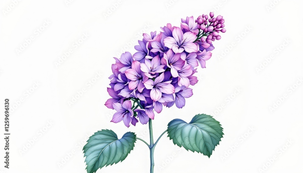 Fototapeta premium Elegant Lilac Flower Blossom with Green Leaves on a White Background