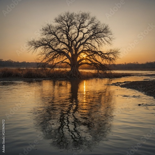 A solitary tree bathed in golden sunset hues, its roots absorbing the warmth of a gently flowing river, all set against a white backdrop.