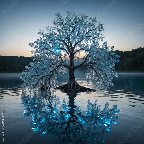 A crystal-like tree with transparent leaves, its roots glowing softly as they intertwine with a glowing blue river, isolated on white.