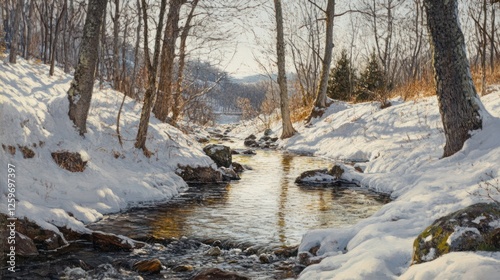 Winter stream flows through snowy forest, sunlight reflects on water, hills in background; nature scene