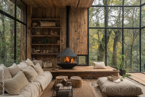 Modern rustic cabin with wooden walls and cozy fireplace serene forest setting interior design relaxing atmosphere warmth