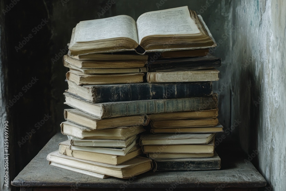 Fototapeta premium simple composition of many books, stack or pile of books on wooden table, one of them open with copy space. 