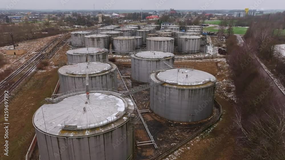 Large fuel storage facility with old metal tanks, surrounded by bare trees Large fuel storage facility with old metal tanks, surrounded by bare trees