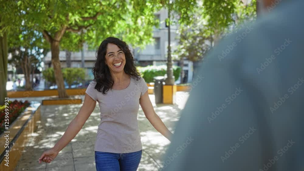Woman smiling with man in city park, featuring middle-aged couple embracing outdoors amid lush greenery and urban background.