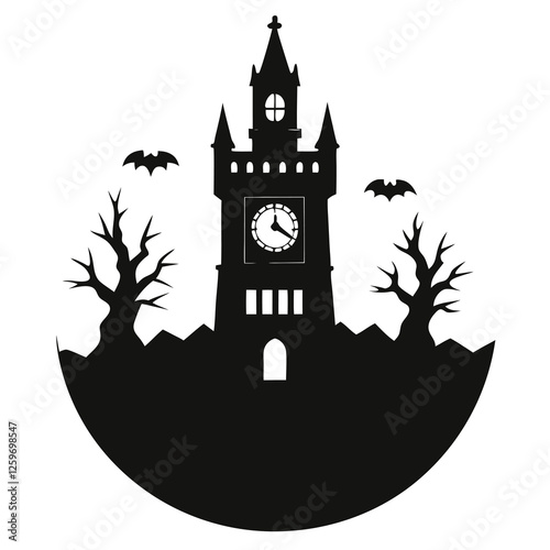 silhouette of  haunted house with glowing windows