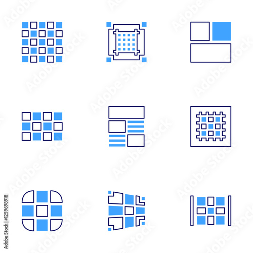 Grid icon set. Bold line style. Duotone colors. Editable stroke. grid, guide book, layout