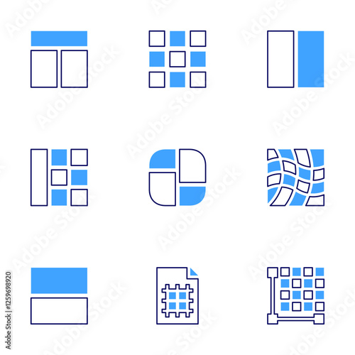 Grid icon set. Bold line style. Duotone colors. Editable stroke. grid, menu, layout