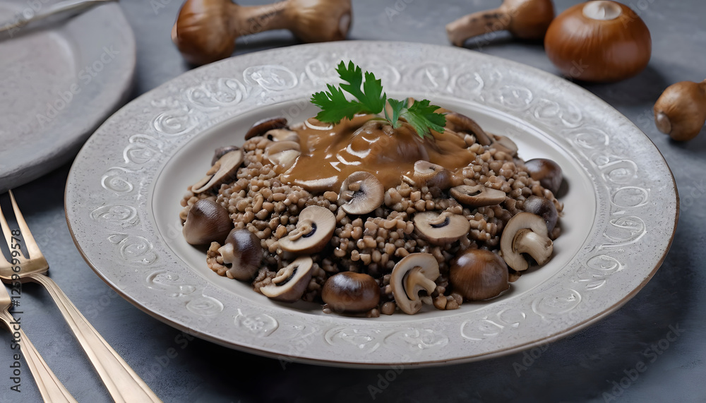 Fototapeta premium Savory buckwheat dish topped with mushrooms and sauce on an elegant plate, healthy meal, copy space 