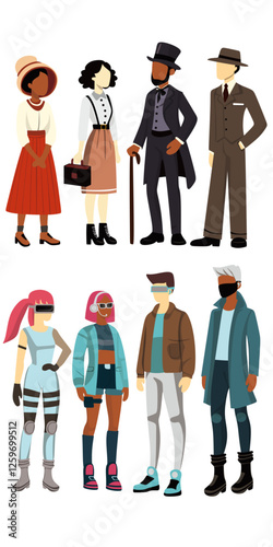 past and future people outfit vector illustration