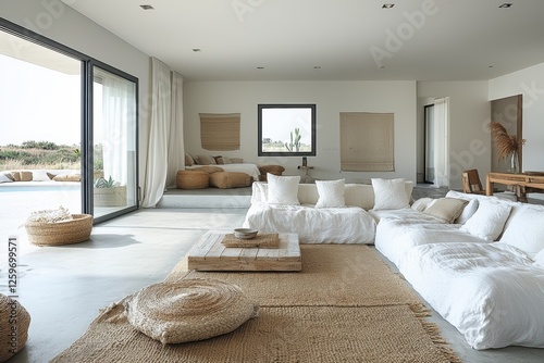 Modern coastal retreat living room coastal area interior design bright and airy wide-angle view serenity and comfort