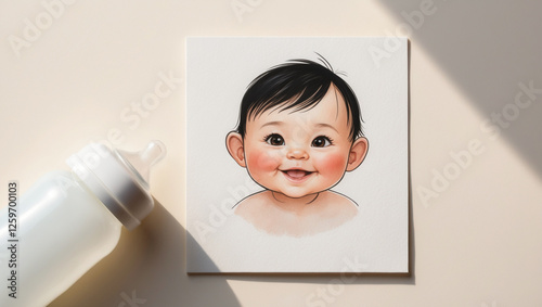 a clean, transparent baby bottle placed near a delicate, hand drawn picture of a smiling black hair baby with bright, bright brown eyes and rosy cheeks on a solid, creamy white background