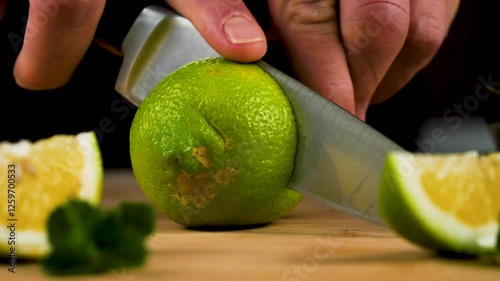 Close-Up of a Man’s Hand Cutting a Lime on a Wooden Board