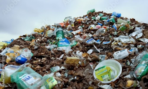 Plastic waste mountain outdoors, landfill recycling, environmental pollution