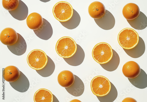 Fresh oranges arranged on light background, showcasing whole and halved fruits. vibrant color and natural shadows create lively and appetizing display