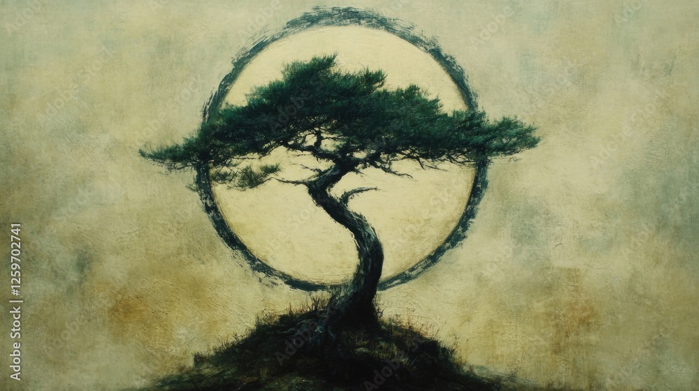 Abstract Painting of a Tree Silhouette Inside a Circular Shape Representing Nature and Growth Abstract Painting of a Tree Silhouette Inside a Circular Shape Representing Nature and Growth