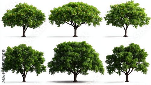Wallpaper Mural A collection of six vibrant, lush green trees, showcasing various shapes and sizes against a clean white background. Torontodigital.ca