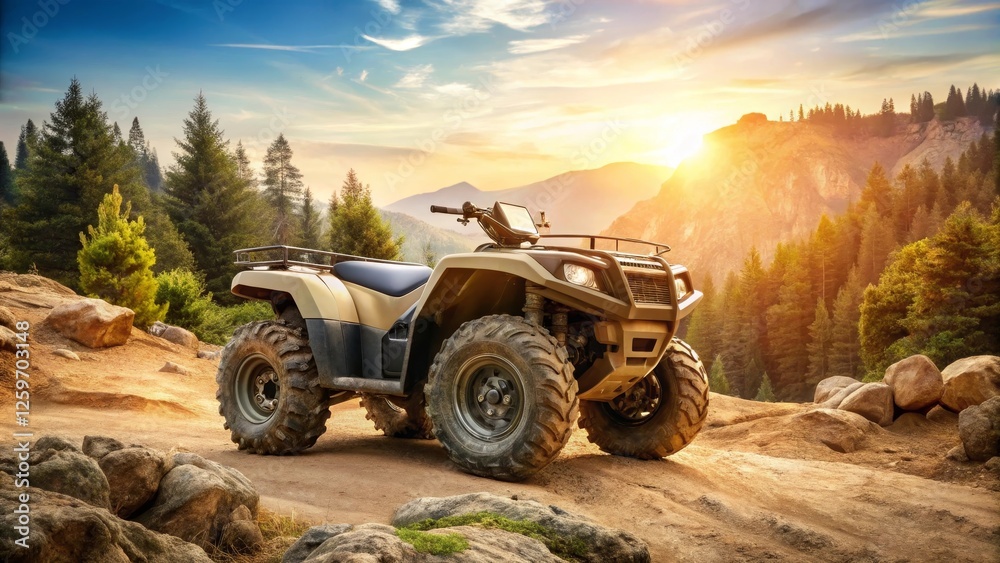 All-terrain vehicle parked on a rocky path at sunset, surrounded by a majestic mountain landscape with a lush forest All-terrain vehicle parked on a rocky path at sunset, surrounded by a majestic mountain landscape with a lush forest