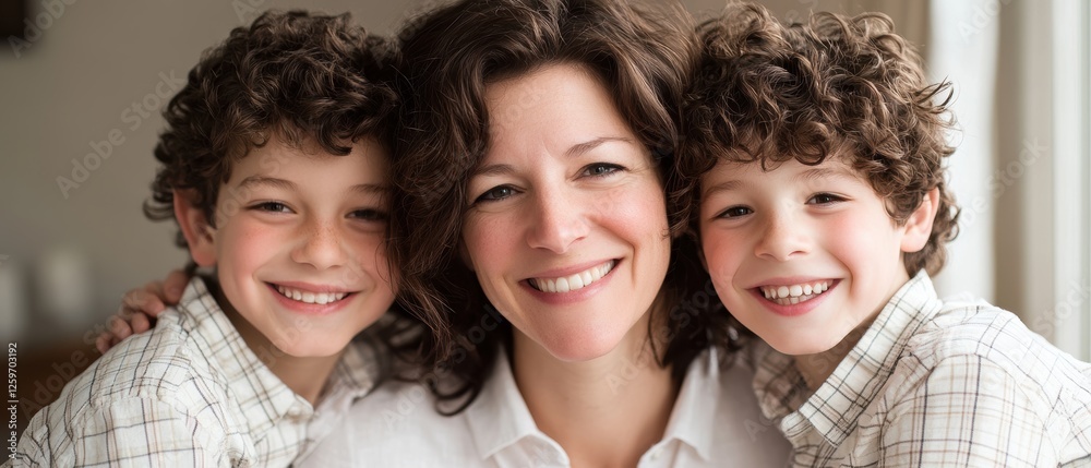 Family portrait of a mother with two happy curly-haired boys smiling together in a cozy indoor setting, capturing joyful moments and love. Family portrait of a mother with two happy curly-haired boys smiling together in a cozy indoor setting, capturing joyful moments and love.
