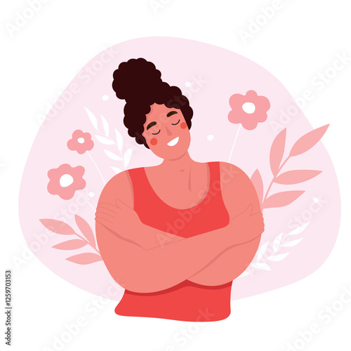 Happy woman with self-love, care and support. Vector flat graphics. The girl hugs herself.