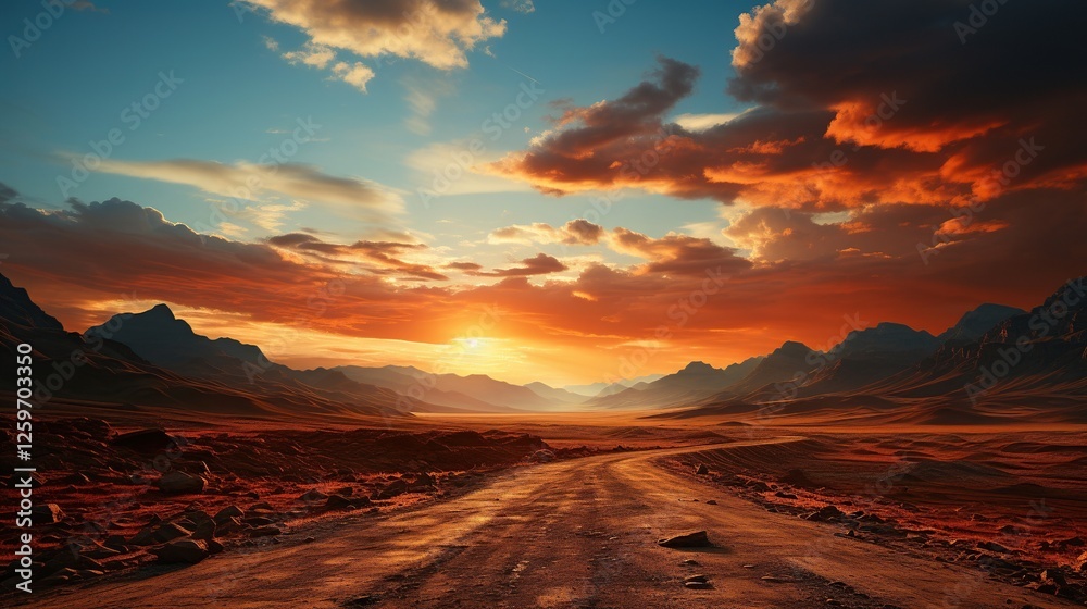 Naklejka premium Scenic Desert Road Under Vibrant Sunset Sky and Majestic Mountains