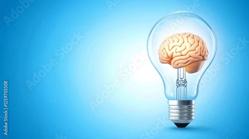 Conceptual image of a light bulb containing a human brain, symbolizing creativity and innovation against a blue background